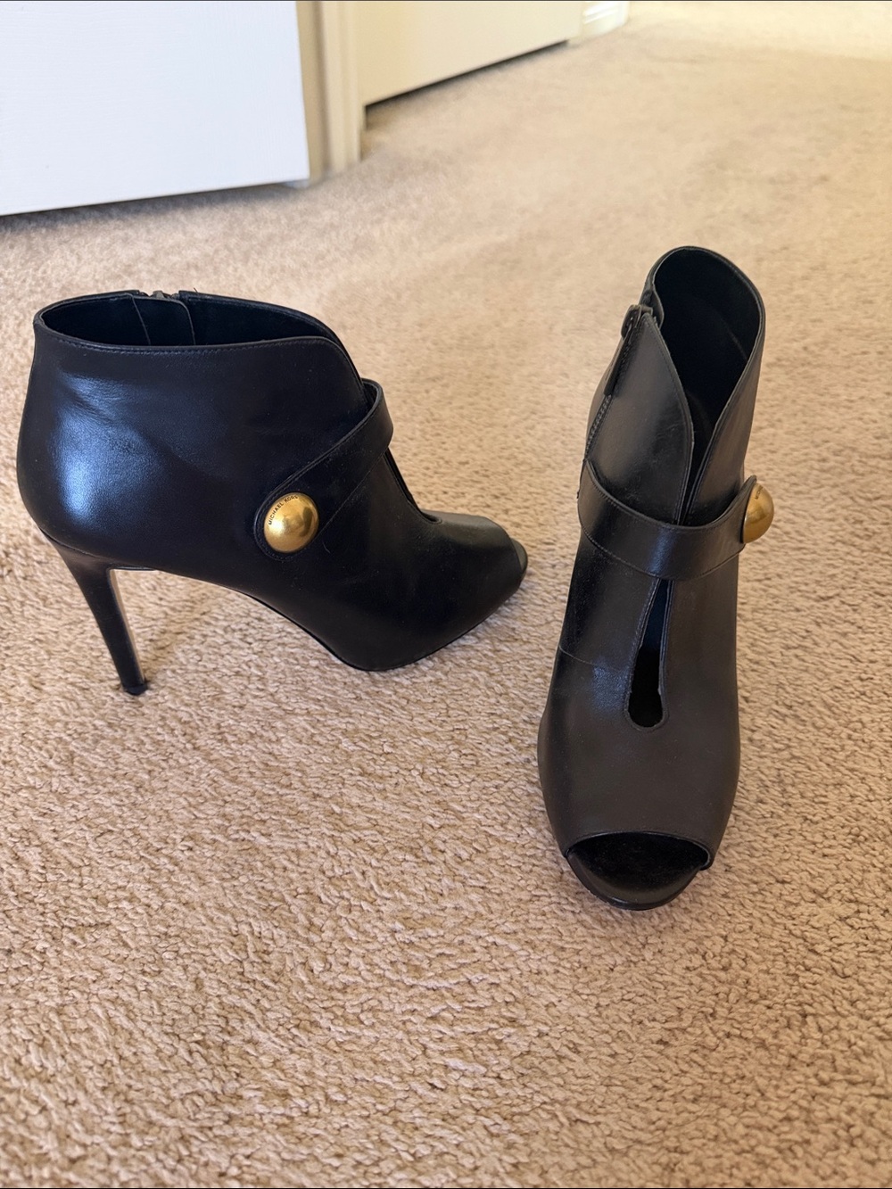 Michael Kors Black Leather Peep-Toe Ankle Boots with Gold Accent
